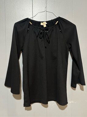 Michael Kors Black Keyhole Tie Neck Blouse - Gold Hardware - Size S